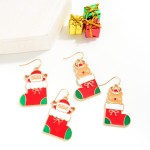 Gold Tone and Enamel Reindeer Christmas Stocking Drop Earrings.

- Approximately 2" L