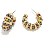 Wholesale rhinestone Studded Ribbed Metal Huggie Hoop Earrings D