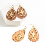 Cork and Gold Tone Lightning Bolt Teardrop Earrings.

- Approximately 3" L