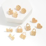 Gold Tone Quilted Purse Stud Earrings Featuring Pearl Accents.

- Approximately .75" W