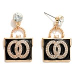 Wholesale double Circle Pearl Enamel Handbag Drop Earrings Rhinestone Stud Accen