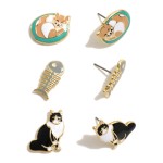 Wholesale set Three Enamel Cat Stud Earrings W