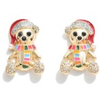 Metal Christmas Teddy Bear Stud Earrings Featuring Glitter and Rhinestone Accents.

- Approximately 1" L