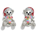 Metal Christmas Teddy Bear Stud Earrings Featuring Glitter and Rhinestone Accents.

- Approximately 1" L