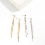 Gold Tone Drop Earrings Featuring Rhinestone and Chain Link Tassel 

- Approximately 2.5" L