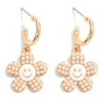 Wholesale huggie Hoop Earrings Pearl Smiling Flower Charms L