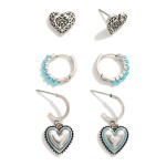 Set of 3 Earrings With Filigree Heart Stud, Beaded Drop Hoop and Heart Drop Earrings  

- Approximately 0.5" - 1" L