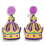 Mardi Gras Drop Earring Featuring Crown 

- Approximately 2.5" L