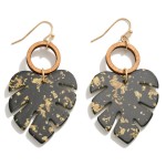 Wholesale gold Foil Resin Monstera Leaf Drop Earrings Wooden Hoop Accents L