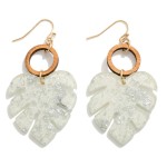 Wholesale gold Foil Resin Monstera Leaf Drop Earrings Wooden Hoop Accents L