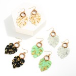 Wholesale gold Foil Resin Monstera Leaf Drop Earrings Wooden Hoop Accents L