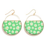 Circular Metal Drop Earring Featuring Flower Print Design 

- Approximately 2" L