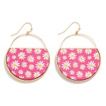 Circular Metal Drop Earring Featuring Flower Print Design 

- Approximately 2" L