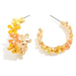 Metal Drop Hoop Earrings Featuring Multi-tone Enamel Flowers 

- Approximately 1" L