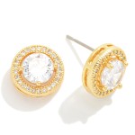 Circular Stud Earrings Featuring Round Stone With Pave Accent

- Approximately 0.5" Diameter 
- Premium Cubic Zirconia 

* Gold Pair is 14K Gold Plated 