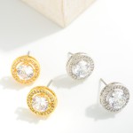 Circular Stud Earrings Featuring Round Stone With Pave Accent

- Approximately 0.5" Diameter 
- Premium Cubic Zirconia 

* Gold Pair is 14K Gold Plated 