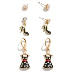 Set of 3 Earrings Featuring Pearl Stud And Enamel Shoe & Dress Drop Earrings

- Approximately 0.25-1.25" L