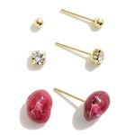 Earring Set of 3 Studs Featuring Stone, Rhinestone & Gold Tone Studs

- Approximately 0.1-0.25" L
- Set of 3 Earrings
- Handmade in Korea
