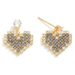 Cubic Zirconia Studded Heart Drop Earrings 

- Approximately 0.75" L
- 14K Gold Dipped 
- Handmade In Korea 