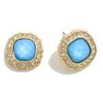 Cushion Cut Rhinestone Stud Earrings With Rhinestone Border

- Approximately .75" W