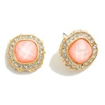 Cushion Cut Rhinestone Stud Earrings With Rhinestone Border

- Approximately .75" W