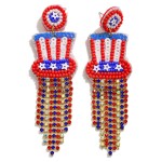 Americana Seed Beaded Top Hat Earring With Rhinestone Tassels 

- Approximately 3.25"L