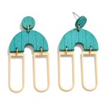 Wood Arch Drop Earrings With Gold Geometric Dangle Details

- Approximately 2" L 