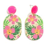 Gold Tone Oval Drop Earring With Tropical Flower Overlay

- Approximately 1.75" L