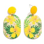 Gold Tone Oval Drop Earring With Tropical Flower Overlay

- Approximately 1.75" L