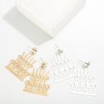 Brass Happy Birthday Cake Drop Earrings With Rhinestone Accents

- Approximately 2" L
- Brass Metal 