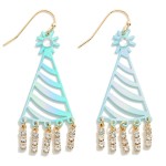 Party Hat Drop Earrings With Rhinestone Tassel Details

- Approximately 2.25" L
- Brass Metal