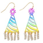 Party Hat Drop Earrings With Rhinestone Tassel Details

- Approximately 2.25" L
- Brass Metal