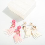 Acetate Flamingo Post Drop Earrings Featuring Sequin Feathers and Flower Accents

- Approximately 3" L