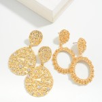 Rhinestone Accented Drop Earrings Featuring Heavy Gold Foil Texture Details 

- Approximately 2.25" L