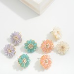 Wholesale beaded Flower Stud Earrings Pearl Rhinestone Center Accents L