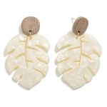 Wholesale wood Post Drop Earring Marbled Resin Monstera Leaf L