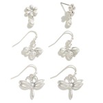 Set of Three Metal Earrings Featuring Flower Stud and Bee & Dragonfly Drop Earring

- Approximately 0.75-1" L