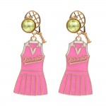 Enamel Coated Tennis Skirt Drop Earrings With Tennis Ball and Racket Posts

- Approximately 2" L