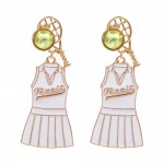 Enamel Coated Tennis Skirt Drop Earrings With Tennis Ball and Racket Posts

- Approximately 2" L