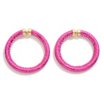 Metallic Faux Leather Drop Hoop Earrings 

- Approximately 2" L