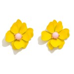 Coated Metal Flower Stud Earrings With Stone Center Detail

- Approximately 1" L