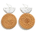 Hammered Reverse Arch Post Drop Earrings With Woven Circular Raffia Dangle 

- Approximately 2.25" L