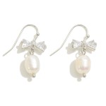 Wholesale dainty Glass Crystal Bow Drop Earrings Pearl Dangle Detail L