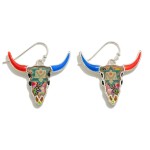 Multicolored Enamel & Resin Image Inlay Bull Skull Drop Earrings

- Approximately 1.25" L