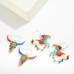 Multicolored Enamel & Resin Image Inlay Bull Skull Drop Earrings

- Approximately 1.25" L