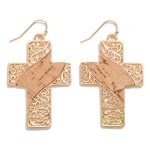 Filigree Cross Drop Earrings With Cork Accent

- Approximately 2" L