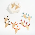 Wholesale western Gold Laser Cut Bull Skull Roses Drop Earrings Rhinestone Accen