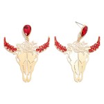 Western Gold Tone Laser Cut Bull Skull and Roses Drop Earrings With Rhinestone Accents

- Approximately 2.5" L