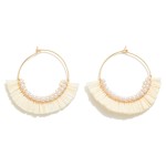 Dainty Circular Drop Earring With Pearl and Raffia Tassel Detail

- Approximately 2" L