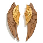 Wholesale gold Feathered Leather Fan Statement Earrings Hypoallergenic Titanium